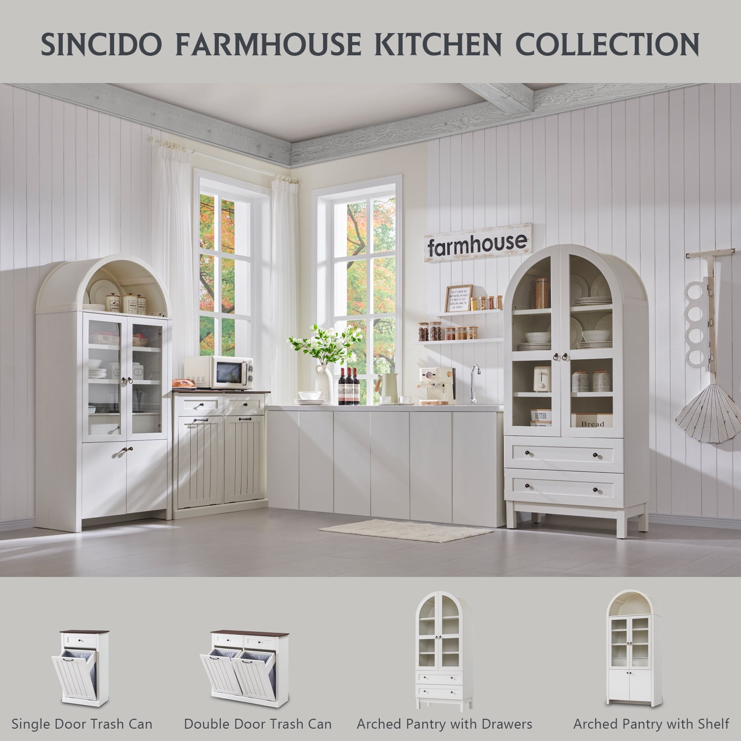SinCiDo Arched Kitchen Pantry Storage Cabinet, 71-Inch Tall Wood Adjustable Shelves, 2 Doors, 2 Drawers