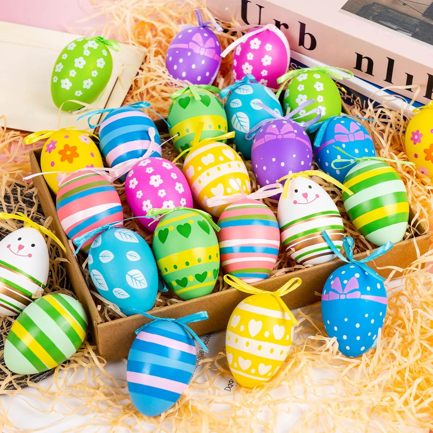 HeaCare Easter Hanging Eggs, 48Pcs Multicolored Plastic Easter Egg Hanging Tree Ornament, Decorative Hand Painted Eggs DIY Crafts with Various Style Stripes Dots Flowers