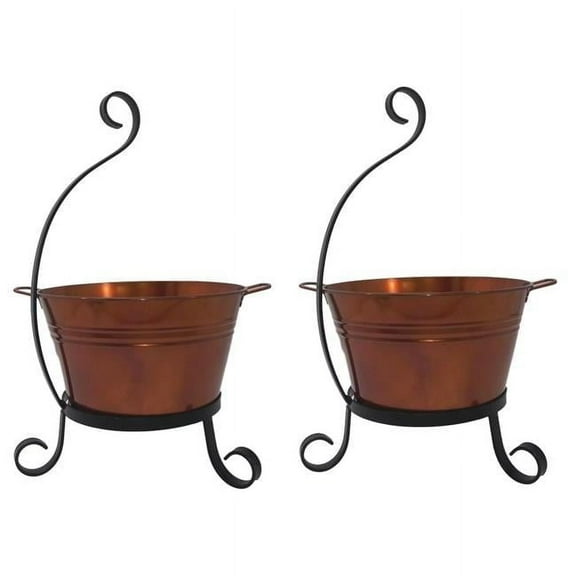 7065E GC S-2 Enameled Galvanized Steel Planter with Iron Stand - Set of 2