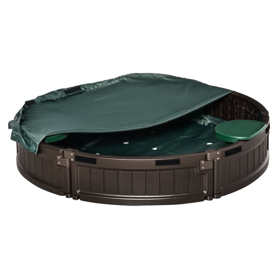 48.5 Inch Round Kids Outdoor Sandbox with Cover, 4 Built-in Seats, Easy Assembly HDPE Sand Box for Backyard, Garden or Patio, Brown