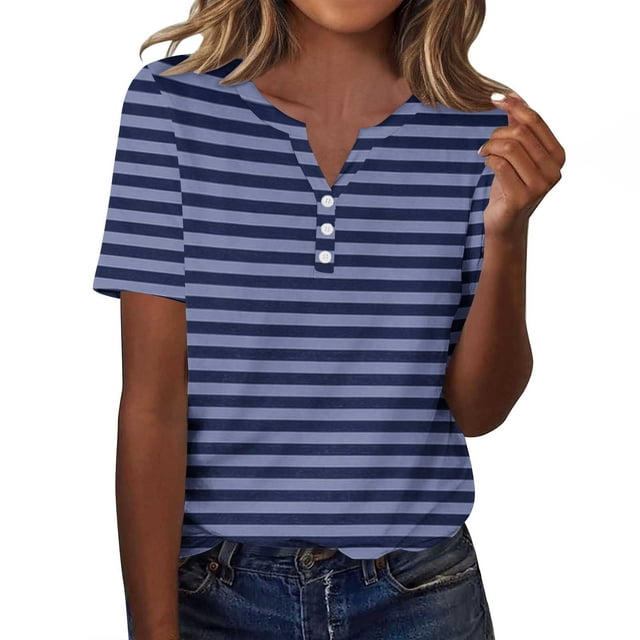 Plebaso T-Shirts à Rayures Col en V pour Femmes Manches Courtes Été Décontracté Blouses Amples pour Femmes