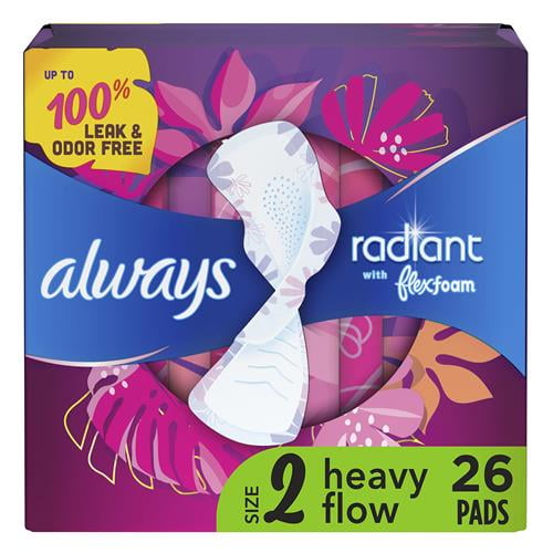 Radiant Feminine Pads For Women, Size 2 Heavy Flow Absorbency, With Flexfoam, With Wings, Scented, 26 Count - Pack of 2