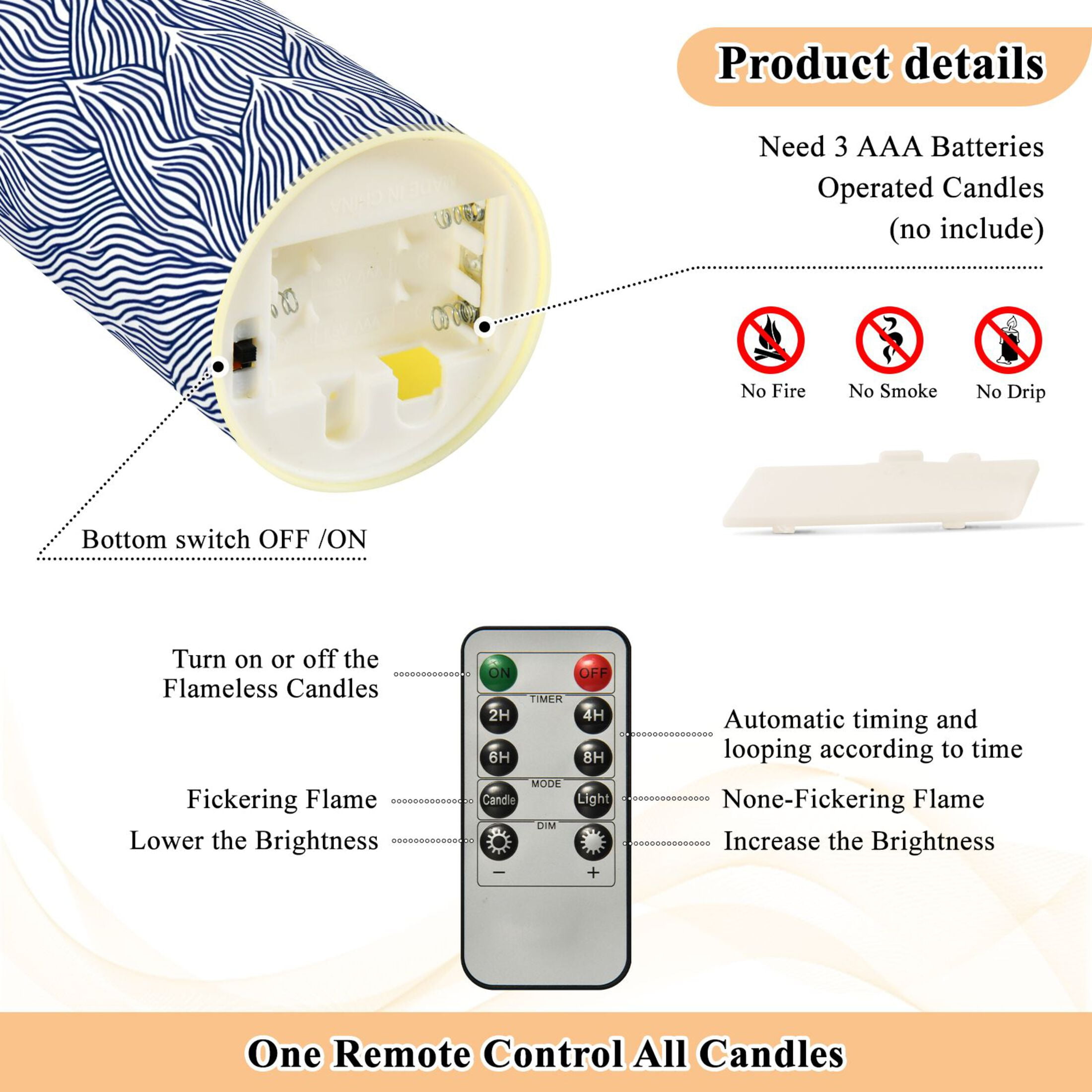 Navy Blue Wave Pattern Flameless Candles 2 PCS with Remote Realistic Moving Flame LED Tapered Pillar Set for Home Decor