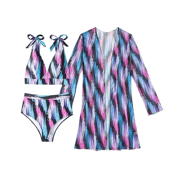 Wyobmus Women's 3 Piece Swimsuits Hawaiian Tropical Print Bikini Set Halter Drawstring Side Bathing Suits With Sunscreen Cover Up,Containing Chest Pad B-Dark Blue