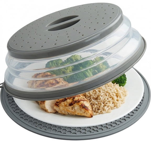 2 in 1, Microwave Splatter Cover for Food & Silicone Placemat, Collapsible & Vented Plate & Dish Cover, BPA Free Splatter Guard Lid, Trivet Pot Holders for Kitchen, Grey, Knox Home & Health