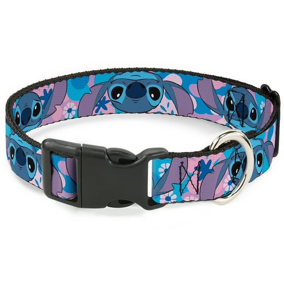 Disney Pet Collar, Dog Collar Plastic Buckle, Lilo and Stitch Stitch Flip Expressions Close Up Blues Pinks, 7 to 8.5 Inches 0.5 Inch Wide