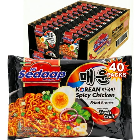 Mi Sedaap Instant Noodles, Korean Style Spicy Chicken Flavor, 3.03 oz (Pack of 40), Halal Certified, Hot & Savory Fried Noodles