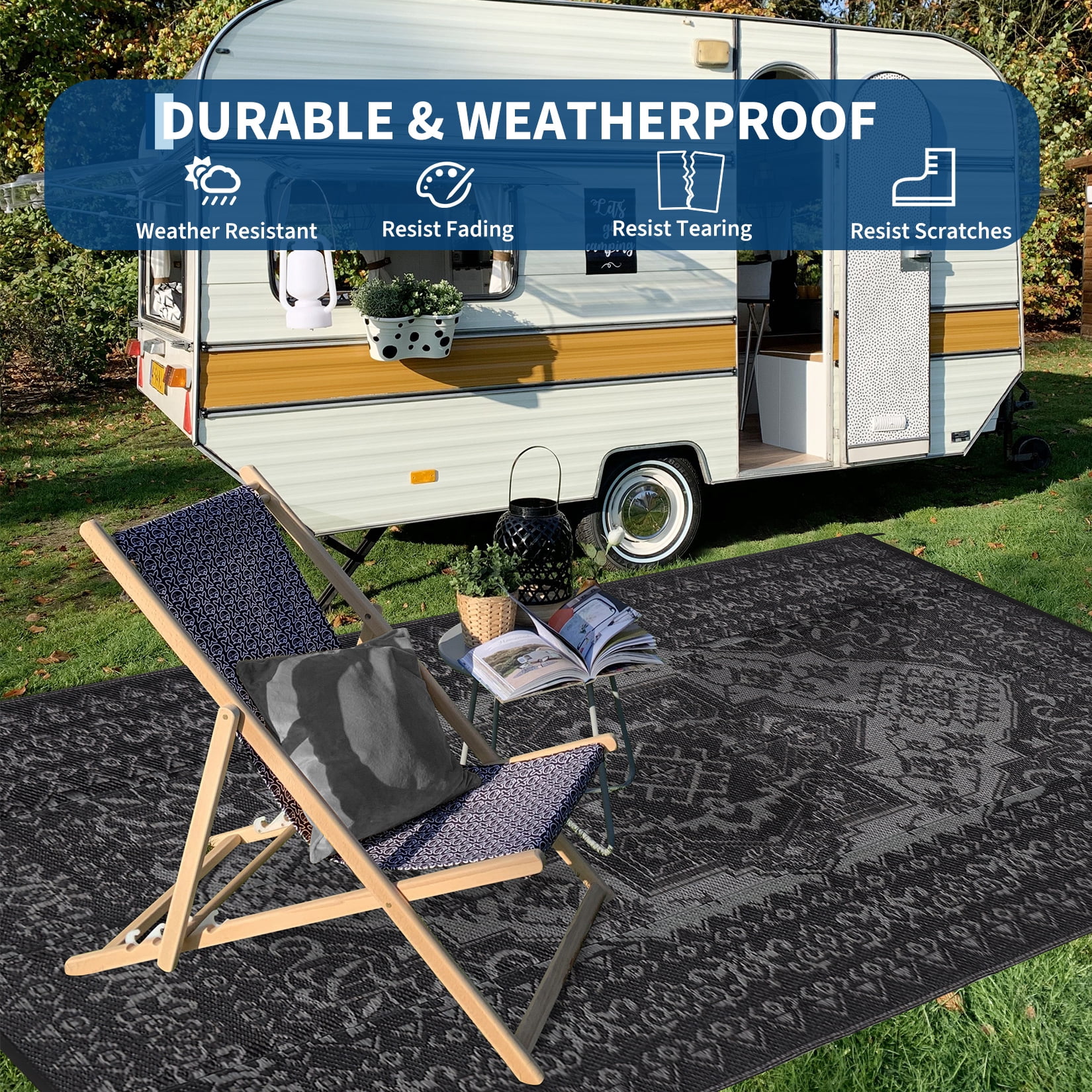 Garvee Outdoor Rug 9'x12' Waterproof Reversible Plastic Straw Rug, Indoor Outdoor Rug for Patio RV Camping Balcony Deck Backyard, Black & Gray