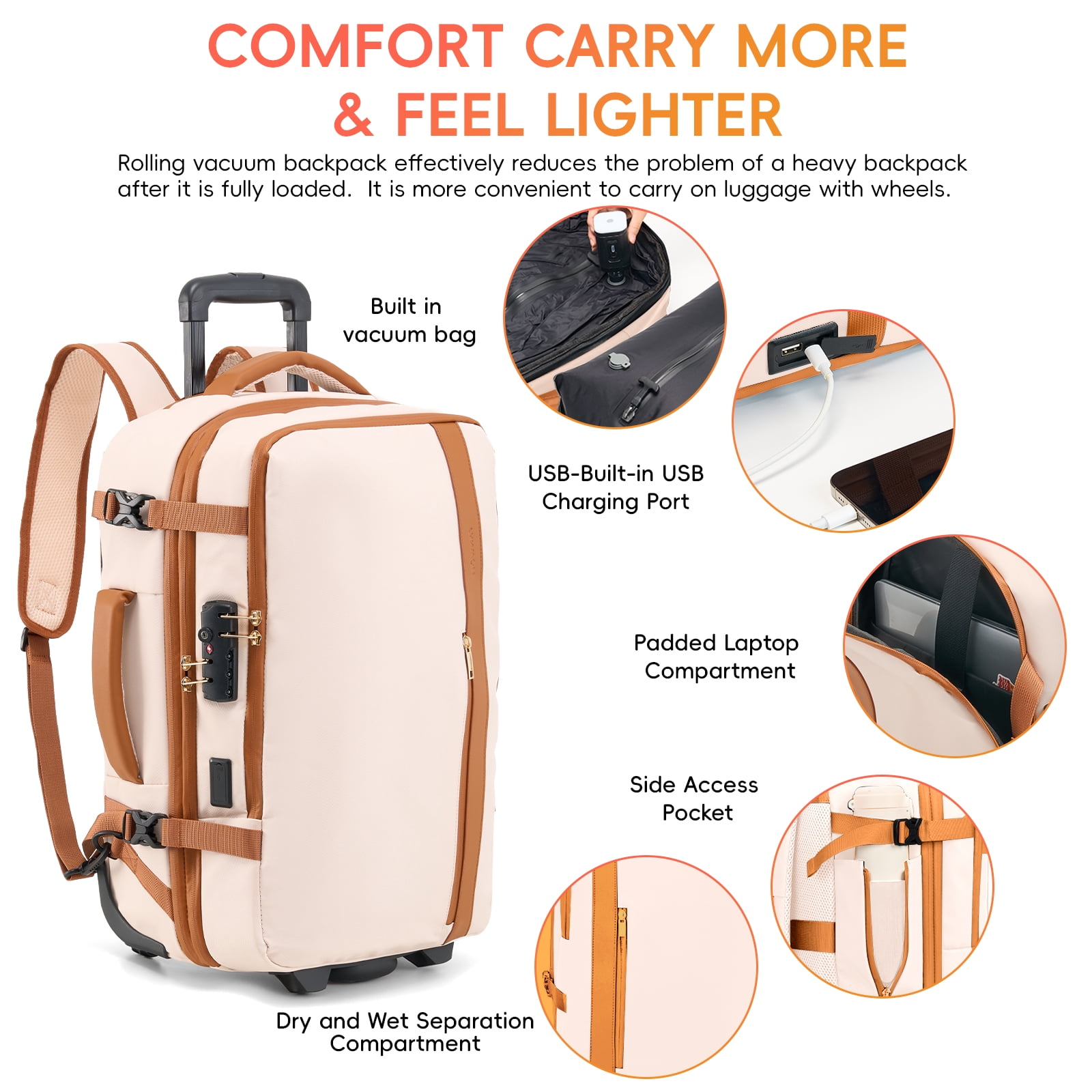 Fegat Rolling Vacuum Travel Backpack, 70L Expandable Compression Bag with Vacuum Pump,TSA Lock,Waterproof Carry on Luggage Vacuum Seal Backpacks Flight Approved for Travel Business Casual