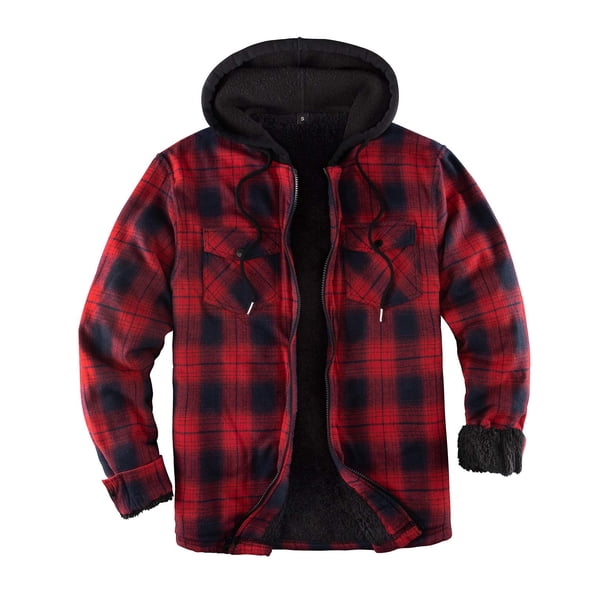 ZENTHAcE Chaqueta tipo camisa a cuadros con capucha y cremallera completa con forro Sherpa para hombre Rojo gris M