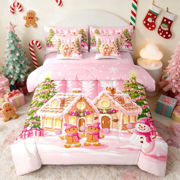 Manfei Nutcracker Twin Bedding 7pcs Christmas Bedding Comforter Set, Lilac White, Pink Reversible