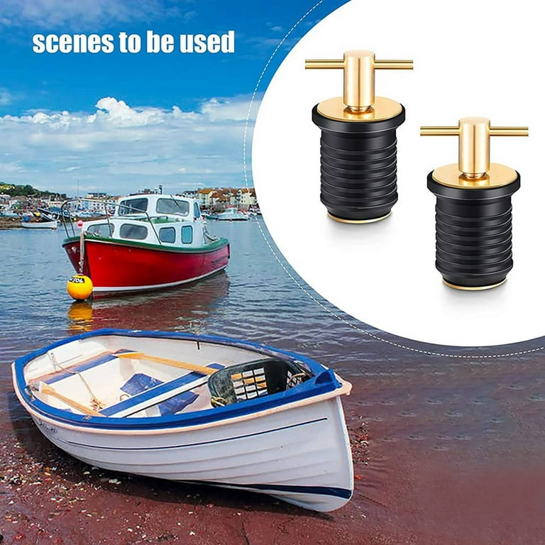 2 Pcs T-Handle Drain Plug -Turn Marine Boat Drain Plugs Rubber Plugs with Brass Handle Boat Marine Accessories, Gold