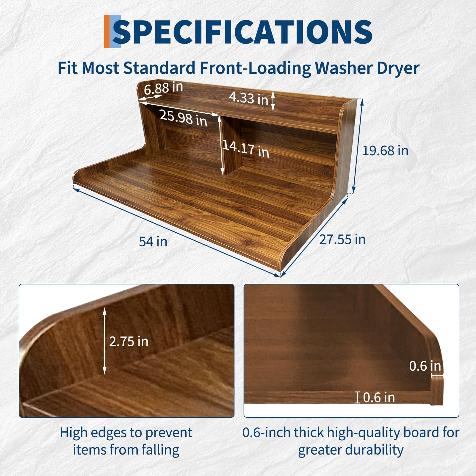 Huisuilinss 2-Tier Washer Dryer Countertop,Waterproof Washer Dryer Cover,Wood Laundry Countertop Cover With Edge Rails,Anti-Slip Pads,Laundry Topper For Folding Clothes Over Washer And Dryer
