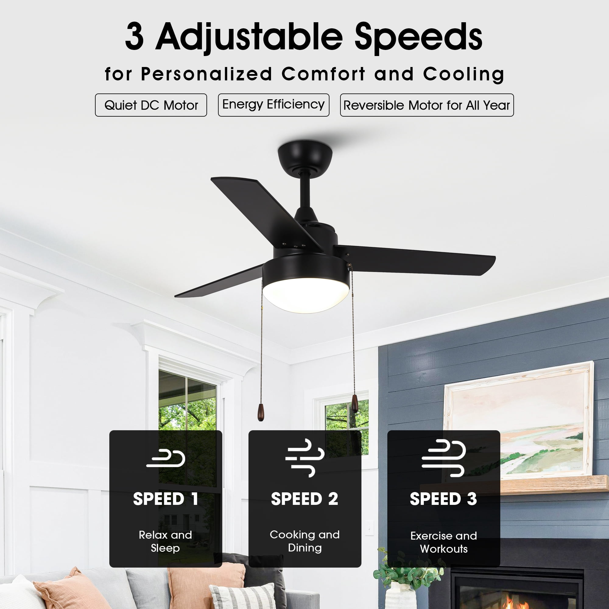 Vaczon  42" Modern Black 3-Blade Ceiling Fan with Light  and Pull Chain