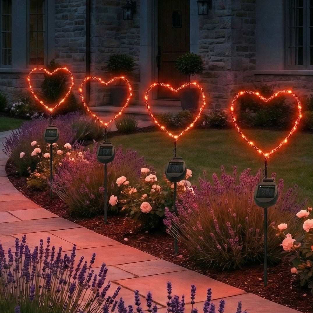 Outdoor Solar Powered LED Metal Garden Decorative Stake Light - 2 Pack Red Heart