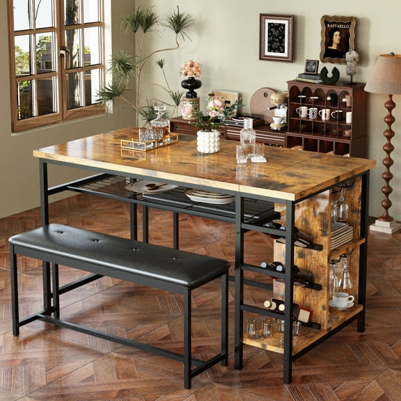 Baxluxe Dining Table and Benches Set, 53'' Kitchen Table and 2 Benches Set for 2-4, Space Saving Dining Table Set with Wine Rack Glass Holder & Storage Shelf, Kitchen Table Set for Small Space, Brown