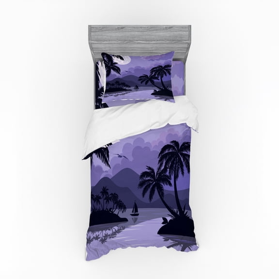 Ambesonne Tropical Bedding Set 3 Pcs, Caribbean Island Night, Twin, Black Lavender White