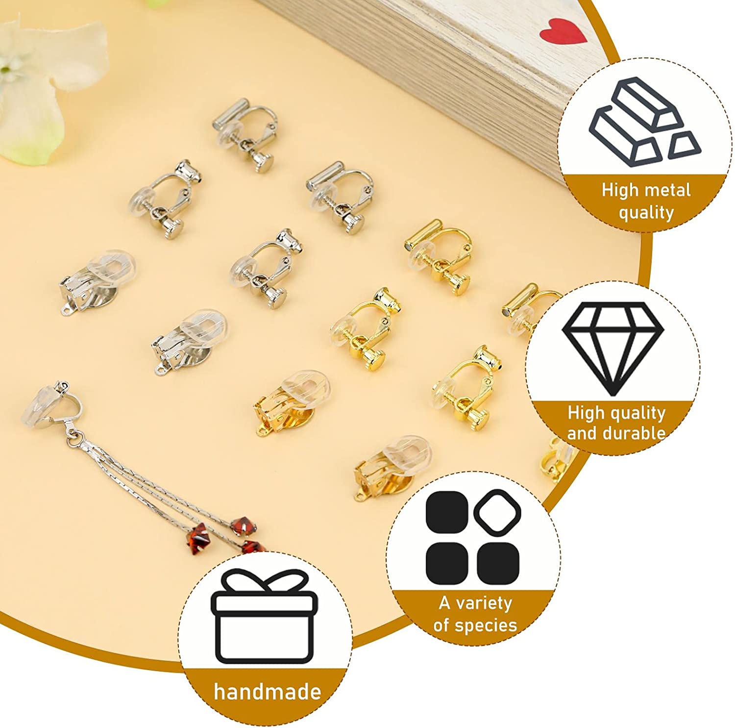 16 Pcs Clip on Earring Converter with Silicon Earring Pads, Gold Silver Round Flat Back Tray Earring Clip, and Converter Components with Post for DIY Earring Making for Women Men None Pierced Ears - image 3 of 5