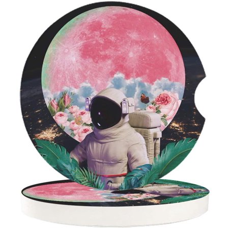 

KXMDXA Astronaut and Flower Moon Style Set of 6 Car Coaster for Drinks Absorbent Ceramic Stone Coasters Cup Mat with Cork Base for Home Kitchen Room Coffee Table Bar Decor