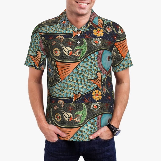 Saiise Polo de Golf pour Hommes à Imprimé de Poisson Riche, Évacuation de l'Humidité, Séchage Rapide, Polo de Performance à Imprimé pour Hommes - Grand