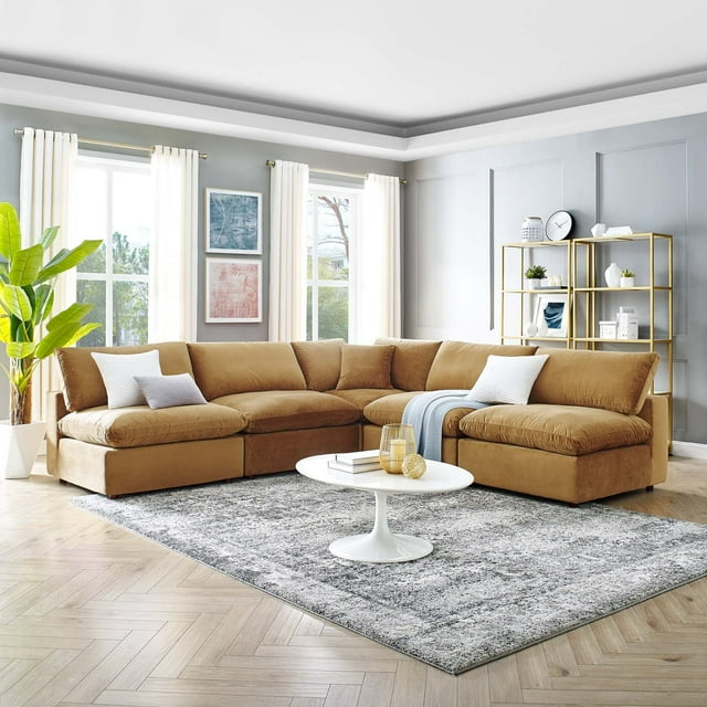 Modway Commix Sectionnel 5 Pcs Surrempli en Velours de Performance Rempli de Duvet, Couleur Cognac