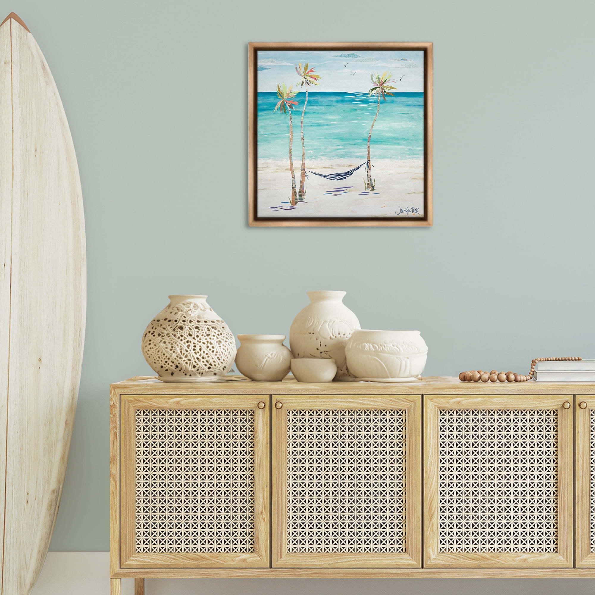 Stupell Industries Hammock & Three Palms Coastal Painting Brown Floater Framed Canvas Art Print Wall Art, 25 x 25