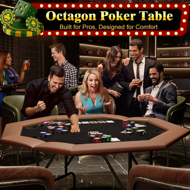 AKDSteel Foldable 47 Inch Octagon Poker Table, 8-Player Texas Holdem Card Table with Cup Holders & Water-Resistant Cushioned Rails for Home Game Night