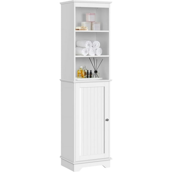 LKUPM 60.5" Freestanding Bathroom Storage Cabinet, Tall Slim Floor Cabinet with 3 Shelves & Door, Space Saving Organizer, Home Storage Furniture, White