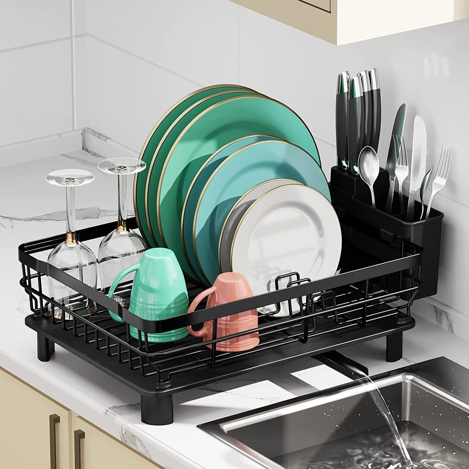 Dish Drying Rack, Dish Racks for Kitchen Counter, Dish Drying Rack for Kitchen Counter with Removable Dish Drainer, Dish Dryer Rack with Drainboard and Swivel Spout (Black)