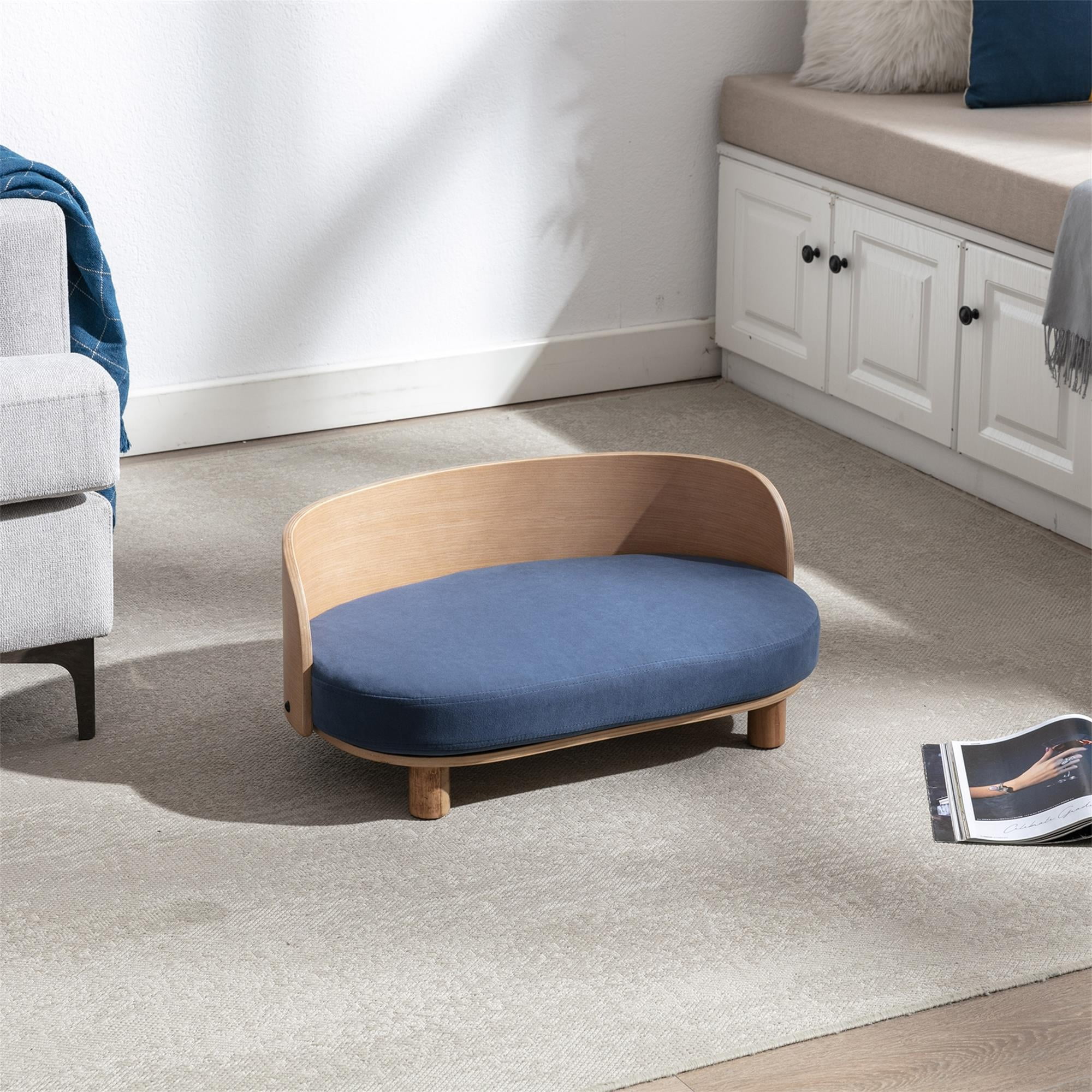 Pefilos 26" Modern Pet Sofa Dog Bed With Solid Wood legs and Bent Wood Back, Velvet Cushion, Walnut, Blue Pefilos 26" Modern Pet Sofa Dog Bed With Solid Wood legs and Bent Wood Back, Velvet Cushion, Walnut, Blue