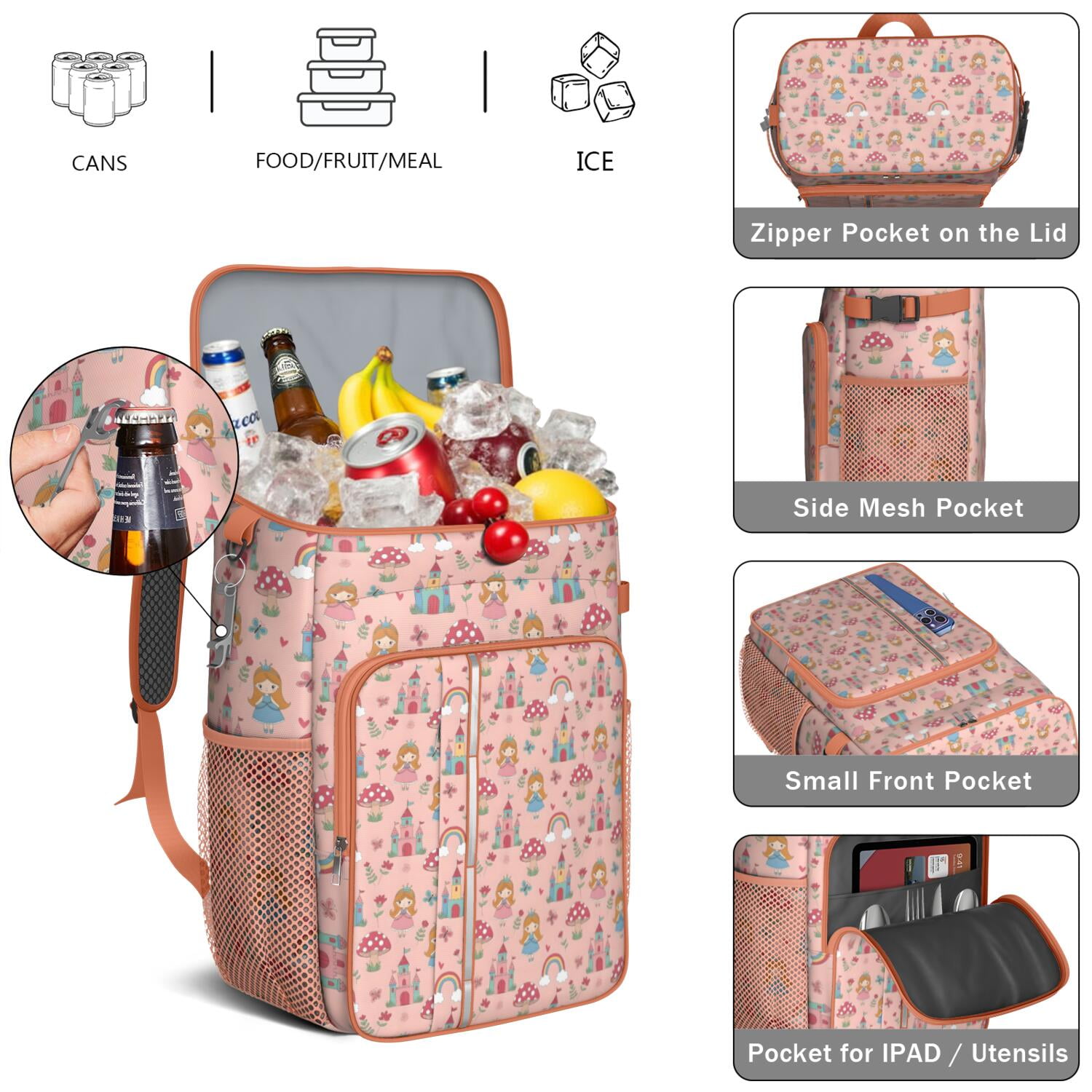Travel Cooler Bag - Princess Mushroom Castle Pattern Camping Beer Cooler Backpack with Bottle Opener- Waterproof Insulated Picnic Backpacks - Cooler Bag for Beach