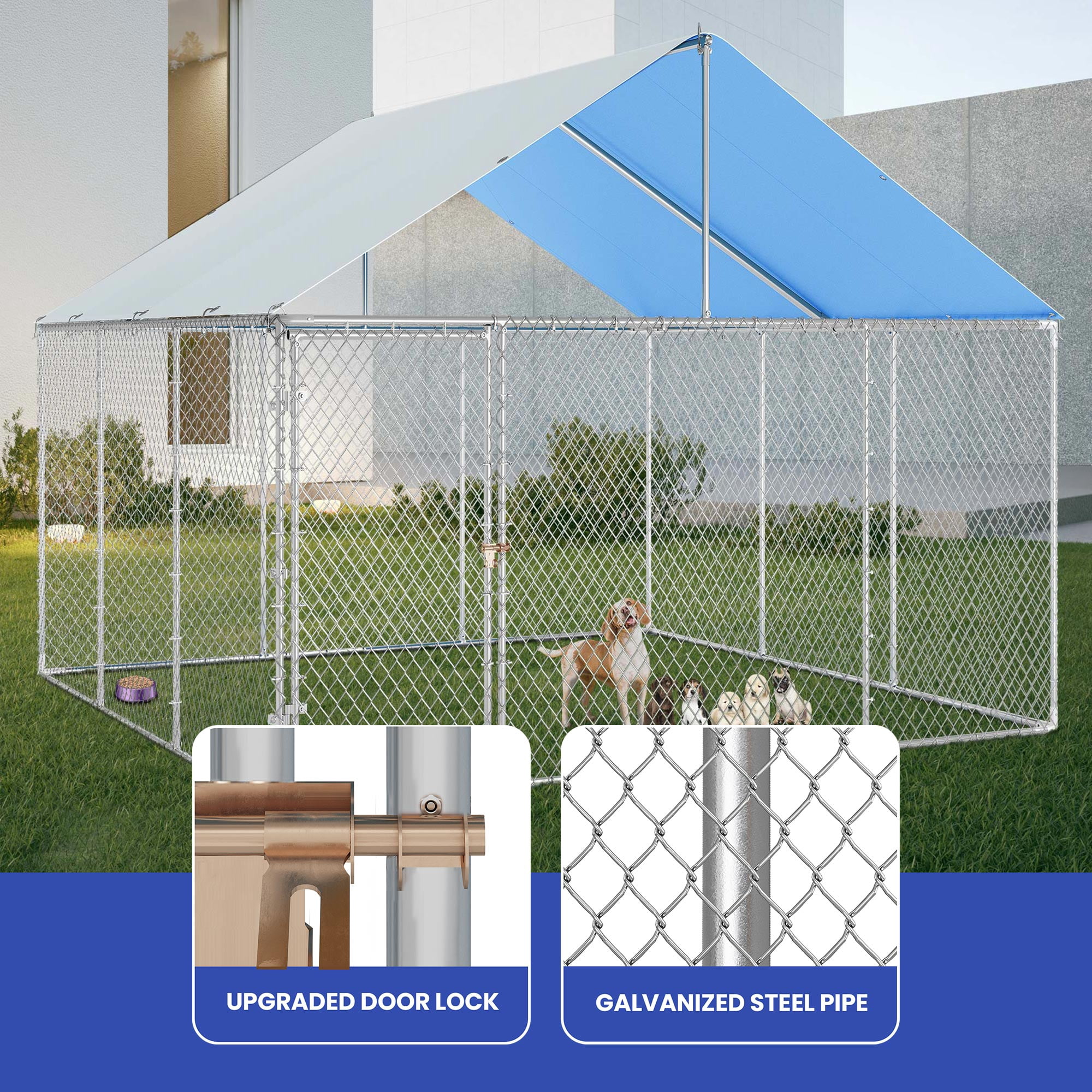 ModFusion 14' Outdoor Dog Kennel with Metal Gate and Roof, Heavy-Duty Galvanized Steel Fence