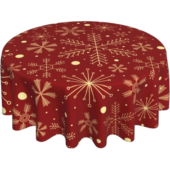 Red Christmas Tablecloth Round 60 Inch Gold Snowflake Xmas Washable Wrinkle Stain-Resistant Polyester Table Cloth Farmhouse Rustic Indoor Winter Decorations for Home Kitchen Dinning Party Holiday