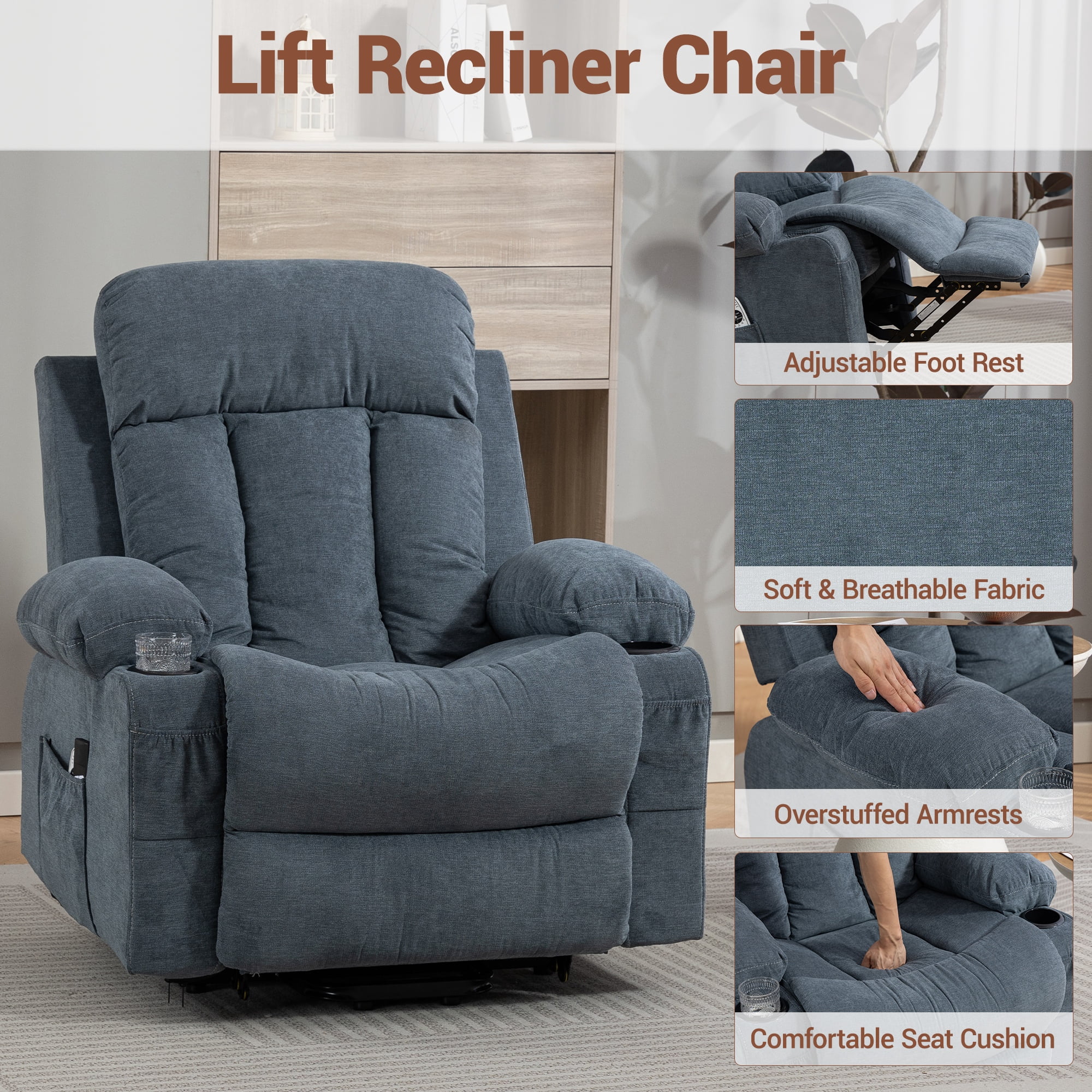 WENTUM Power Lift Recliner Chair for Elderly, Heat and Massage, Chair Side Pocket, USB Charge Port, Remote Control for Living Room, Blue