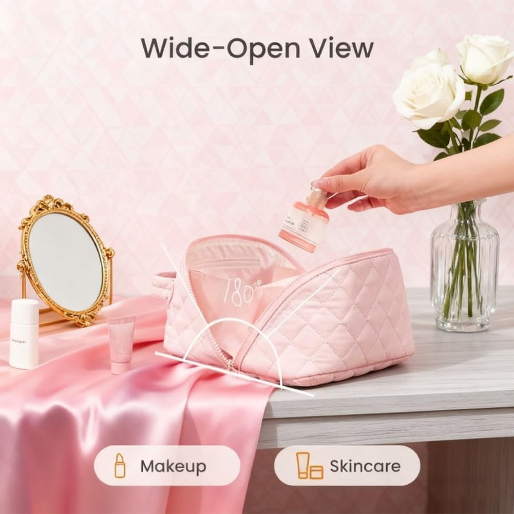 2026 New Travel Makeup Bag for Women - 180° Open with Mirror, 5 Dedicated Pockets, Leak-Proof Odor-Resistant Cosmetic Organizer for Travel & Daily Use