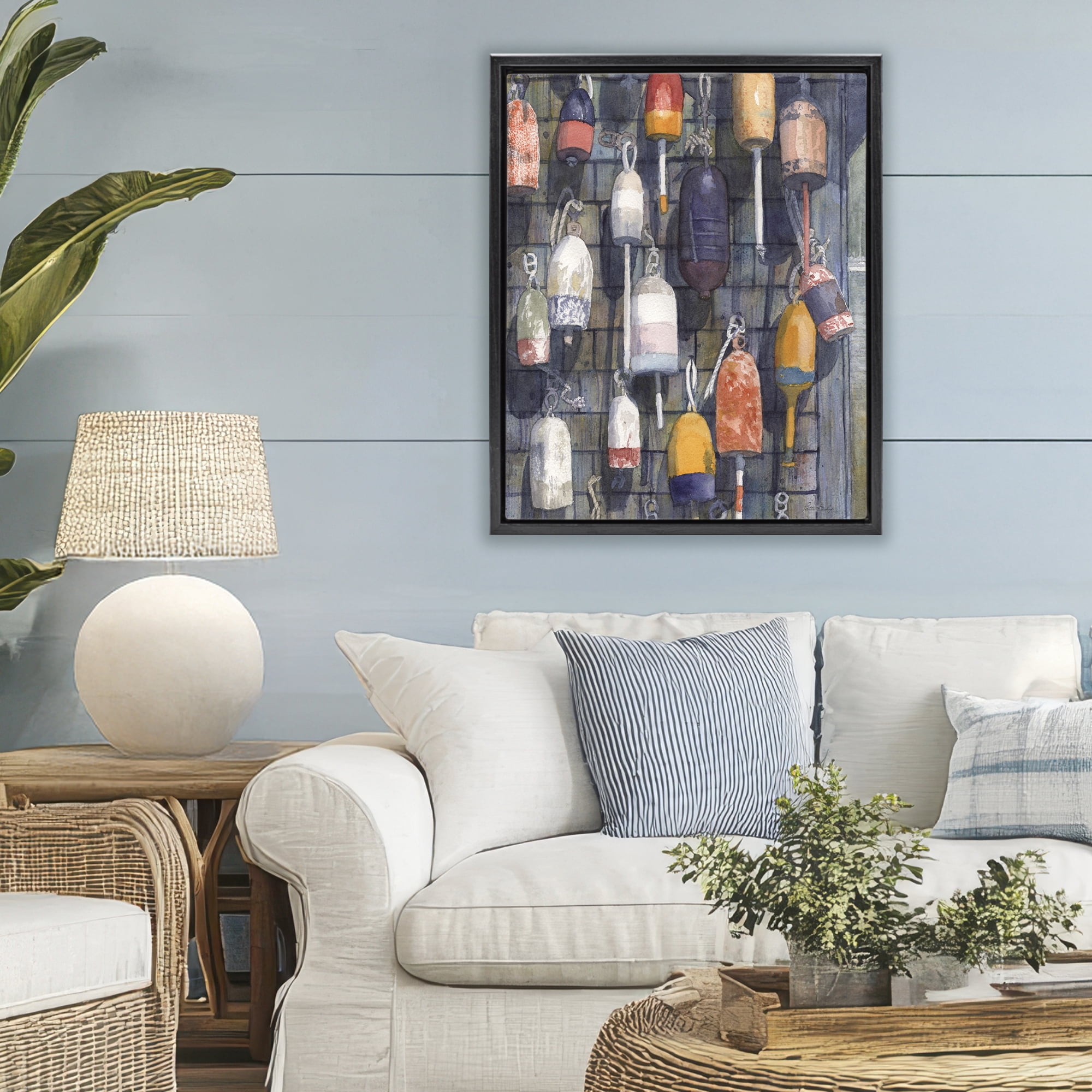 Stupell Industries Watercolor Hanging Buoys Black Framed Floater Canvas Wall Art, design by Patti Bishop