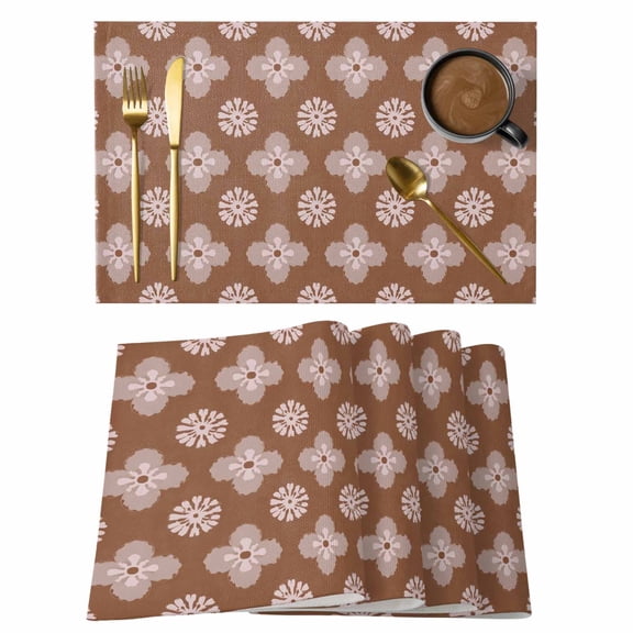 Brown Floral Placemats Set of 12, Spring Flowers Modern Abstract Art Farmhouse Placemats for Dining Table, Place Mats for Kitchen Tabletop, Waterproof Wipeable Dining Table Mats Set