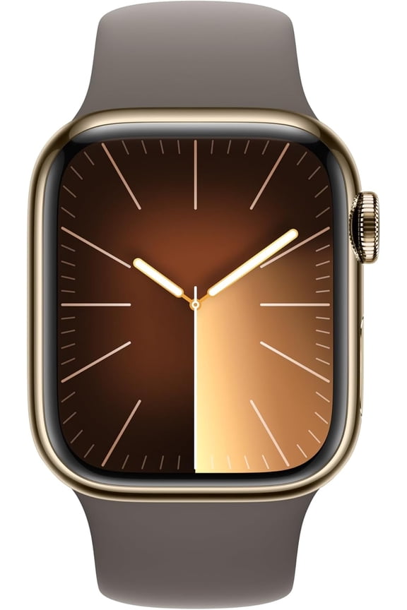 Pre-Owned Apple Watch Series 9 [GPS + Cellular 41mm] Smartwatch with Stainless Steel Case and Clay Sport Band - S/M. Fitness Tracker, ECG Apps, Always-On Retina Display, Water Resistant - Gold (Fair)