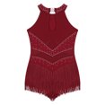thumbnail image 3 of LiiYii Kids Girls Ballet Dance Latin Jazz Fringed Dress Sheer Mesh Keyhole Back Tassel Leotard Glittery Bodysuit Burgundy 10, 3 of 7