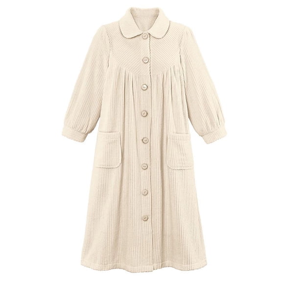 Collections Etc Women's Plush Fleece Button Front Robe with Pockets, Collar, Ivory, Medium