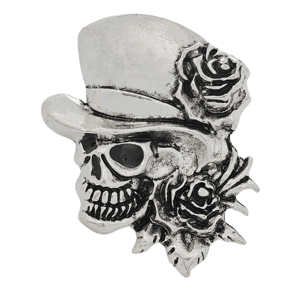 Skull with Roses and Top Hat Silver Brooch