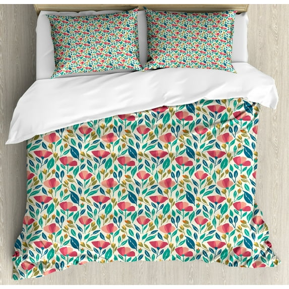 Poppy Duvet Cover Set Queen Size, Colorful Spring Garden with Abstract Leaves Sprouts and Petals Nature Beauty Theme, Decorative 3 Piece Bedding Set with 2 Pillow Shams, Multicolor, by Ambesonne