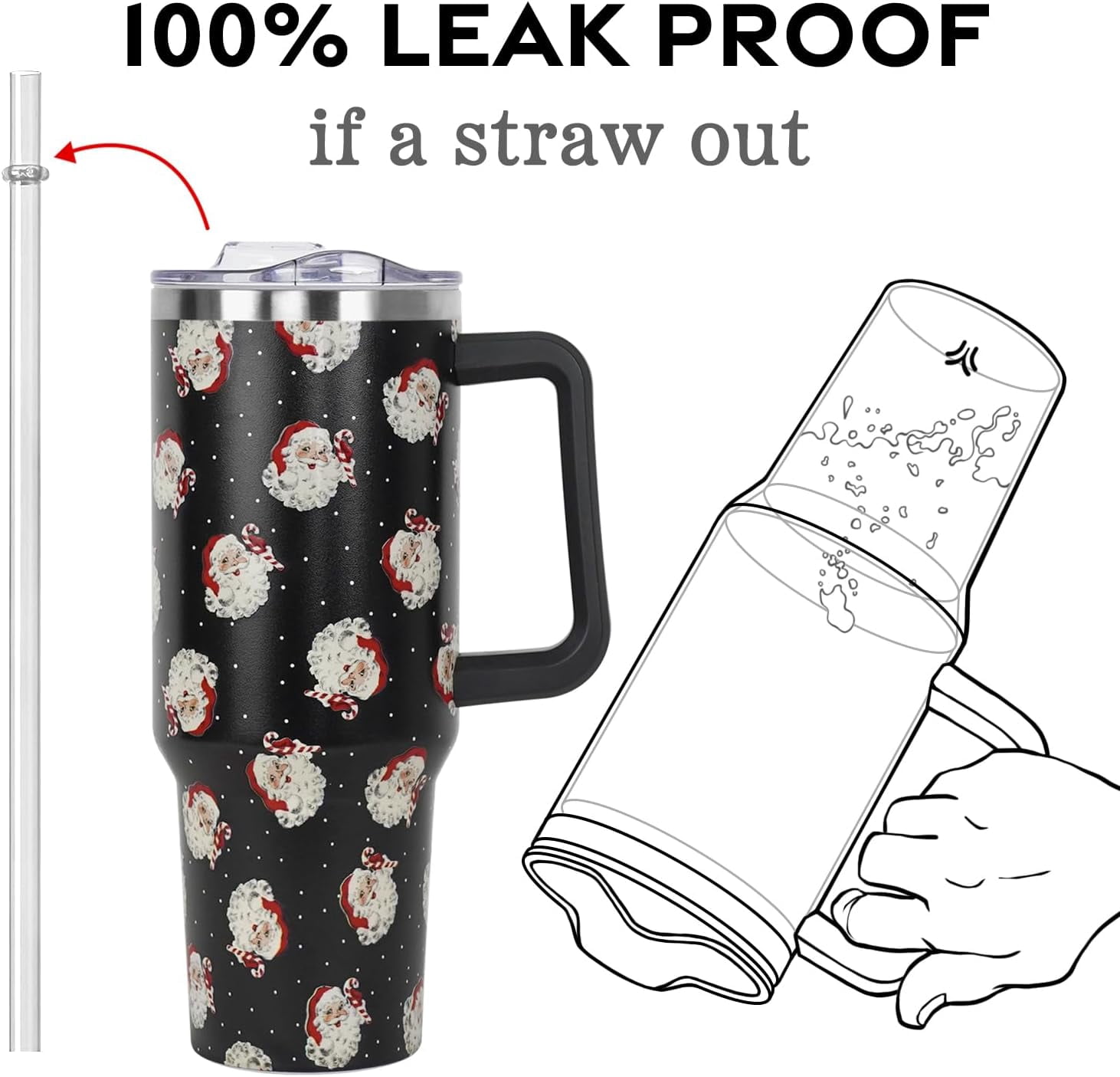Christmas Santa Black Polka Dots Tumbler with Handle and Straw Lid 40 oz,Cute Christmas Gifts for Women Vacuum Insulated Leak Proof Tumbler,Winter Holiday Accessories Stainless Steel Coffee Cup Mug