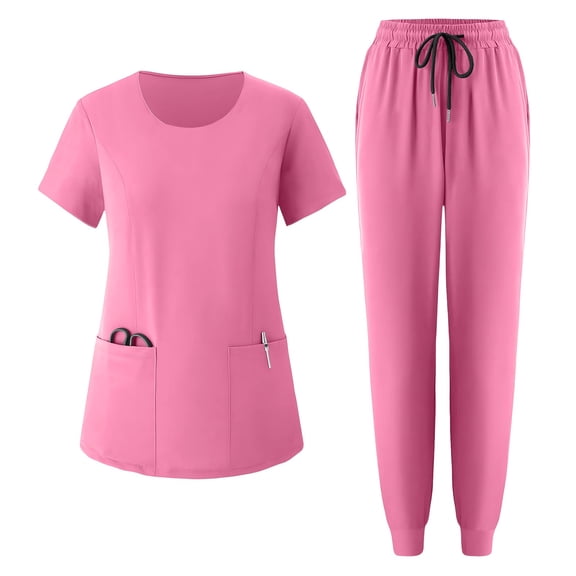 Xdegoge Scrub Sets for Women Medical Nursing Uniform Two Piece Workwear Round Neck Top and Drawstring Jogger Pants with Multi-Pockets Lightweight Active Professional Scrubs