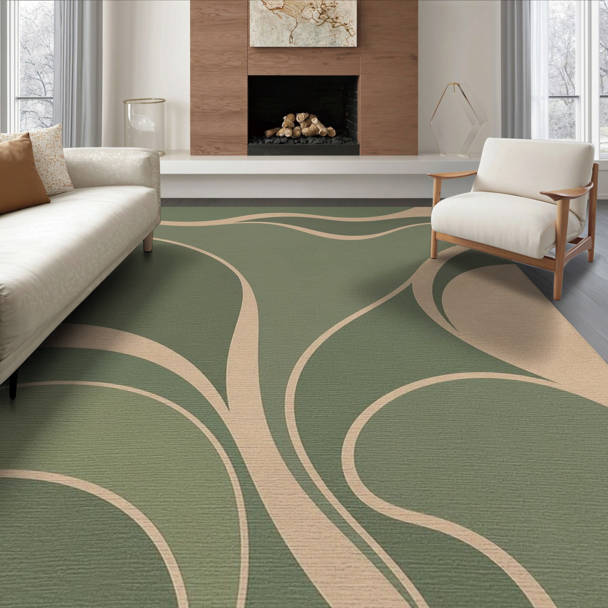 ODIKA 6 x9 Washable Area Rug Green Beige Swirling Lines Elegant Design Contemporary Artistic Flow with Subtle for Family Room Living Room Master Bedroom Non-Slip Easy Care