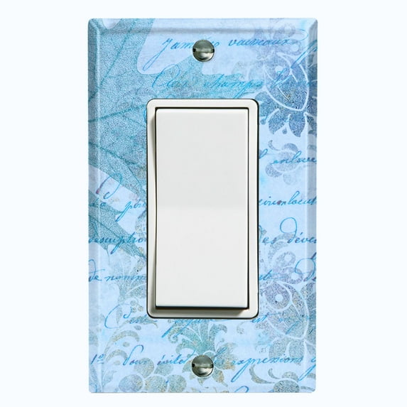 Metal Light Switch Plate Outlet Cover (Blue Leaf Letter Damask LET007)