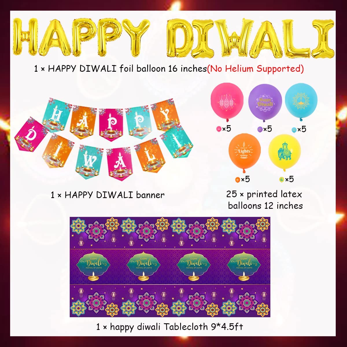 Décoration Diwali Complète - Bannière Happy Diwali, 3 Guirlandes, 8 Tourbillons à Suspendre - Papier Cartonné - 10