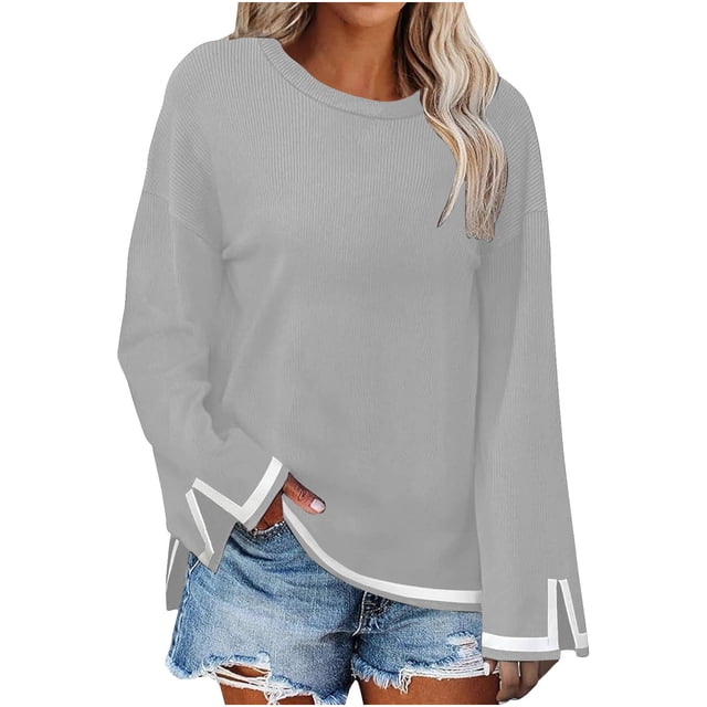 MeetoTime Long Sleeve Tops for Women Round Neck Slit Ribbed Pullover 2024 Fall Clothes Oversized Sweaters