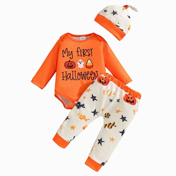 UAYOTSE Infant My First Halloween 3 Piece Outfit Bodysuit Pants Hat Newborn Holiday Costume Set Size 3-6 Months