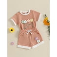 thumbnail image 4 of Loicainy Toddler Baby Girl Summer Waffled Clothes Set 9 12 18 24 Months 2T 3T 4T 3D Flower Short Sleeve Round Neck Tops Elastic Waist Shorts Outfit, 4 of 9